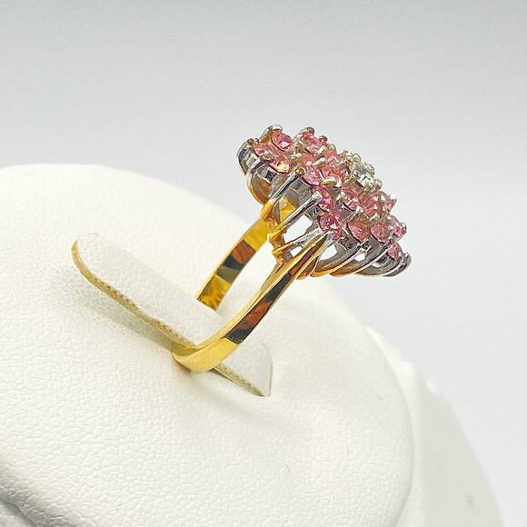 Gold and Silver Tone Ring Pink Clear Glass Cubic Zirconia Cocktail Unmarked SZ 7 - Picture 4 of 13